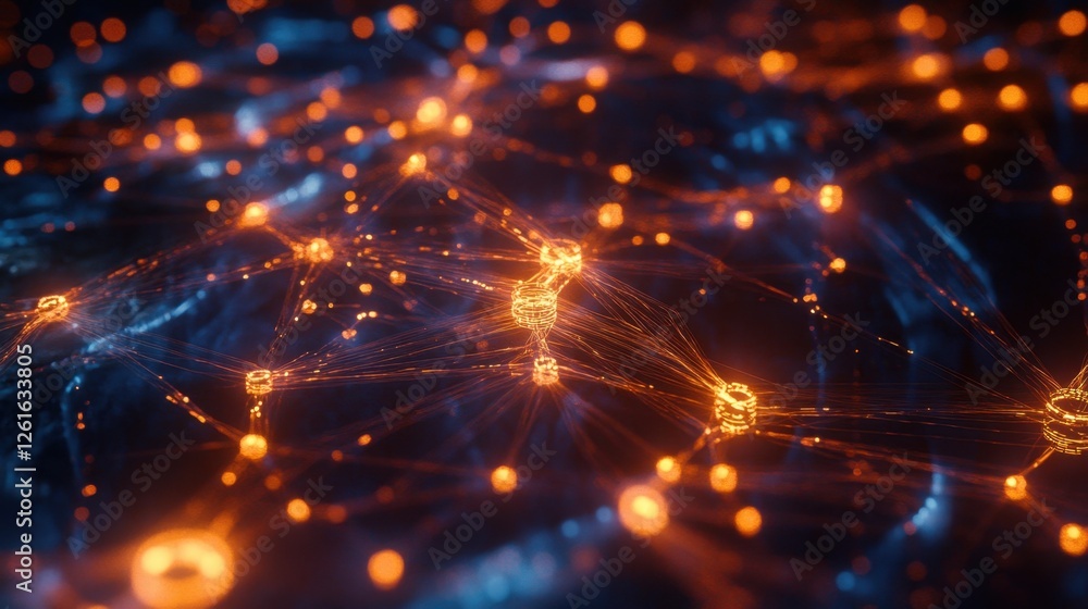 Poster high-tech visual of interconnected nodes emitting light, forming a vast web of digital connectivity 