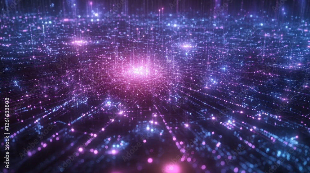 Poster high-tech visual of interconnected nodes emitting light, forming a vast web of digital connectivity 