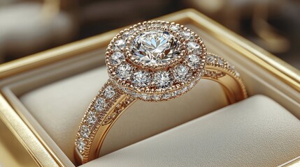 Elegant diamond ring displayed in a luxurious box, showcasing intricate design and craftsmanship