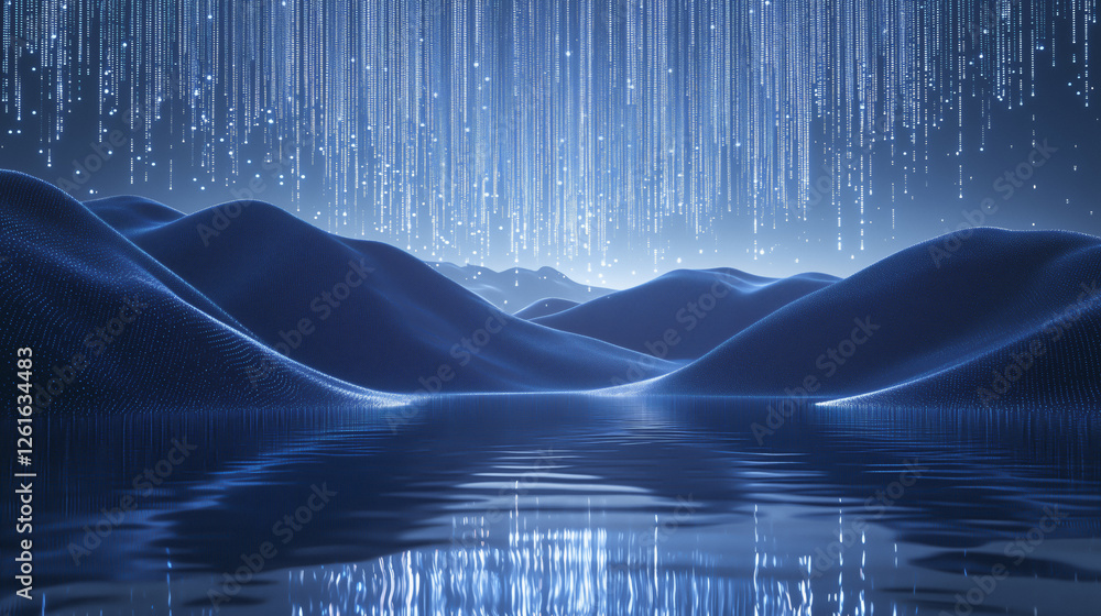 Poster digital landscape with glowing blue hills and reflective water surface, illuminated by cascading lig
