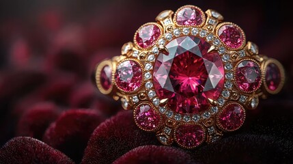 Exquisite vintage ring featuring a large central ruby surrounded by smaller pink gemstones on velvet