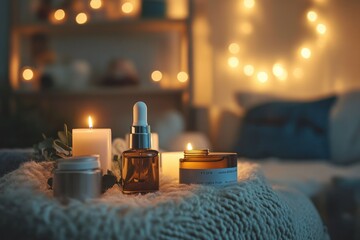 A nighttime skincare routine with products like night cream and serum beside a cozy setup. 