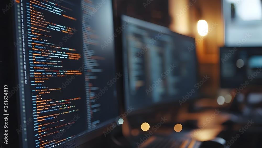Aufkleber Coding on multiple monitors in a dark office