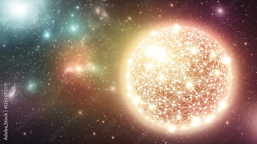 Poster a glowing sphere with connected lines in a colorful nebula