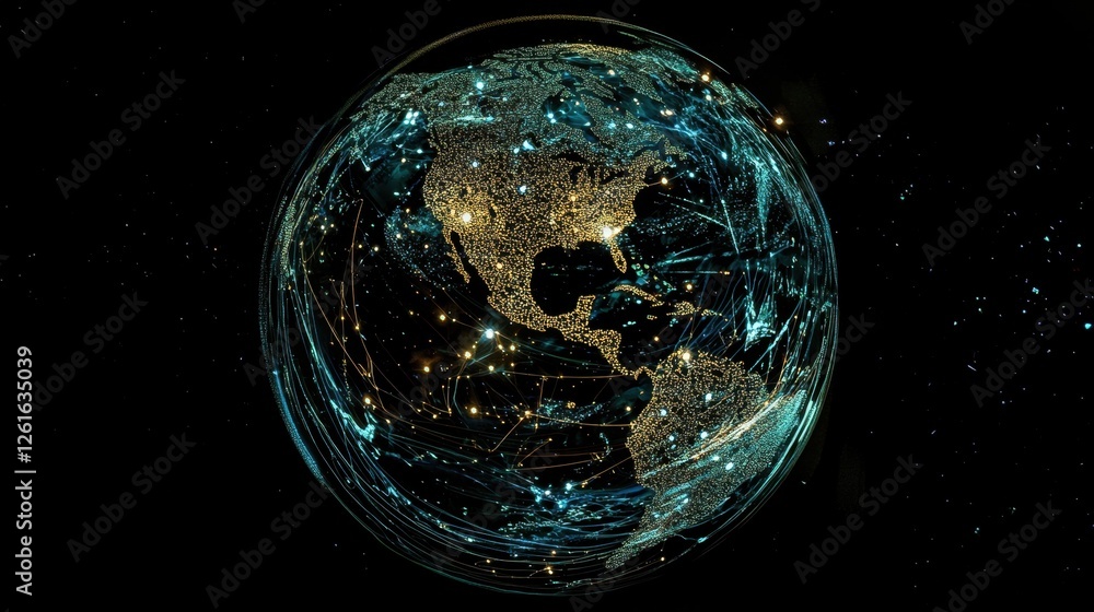 Fototapete Internet-driven digital globe with illuminated nodes and pathways connecting global users.