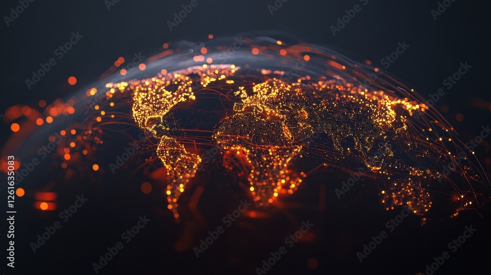 Fototapete Internet-driven digital globe with illuminated nodes and pathways connecting global users.