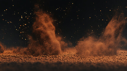 Eruption of Earthy Brown Dust Clouds Creates a Dynamic and Atmospheric Scene on a Dark Background