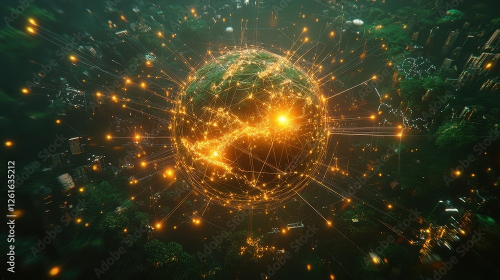 Fototapete Internet-driven digital globe with illuminated nodes and pathways connecting global users.