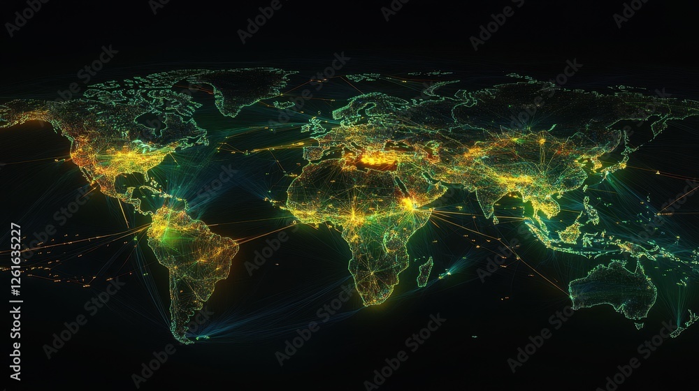Fototapete Internet-driven digital globe with illuminated nodes and pathways connecting global users.