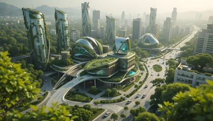Ecometropolis pioneers a smart, sustainable city with green spaces, eco-friendly buildings, clean energy vehicles, AI.