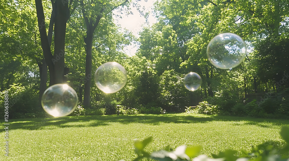 Poster ethereal bubbles floating in sunlit garden tranquil scene with green grass and trees bokeh effect