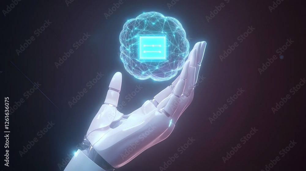 Poster robotic hand presents glowing brain with central processor unit
