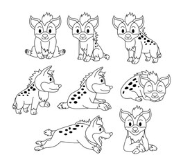rawSet of hyena doodle collection, flamingo outline coloring page book animals for kindergarten, Vector line art set of animals wildlife, Hand drawn, Minimal hyena line art doodle in different pose