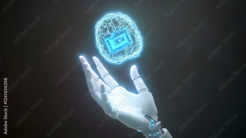 Poster robot hand displays glowing brain with a checkmark inside it
