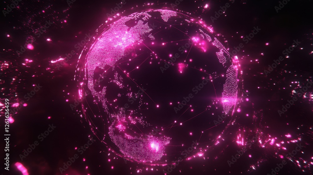 Fototapete Neon-lit digital Earth with interconnected nodes and web-like connections symbolizing global networks.