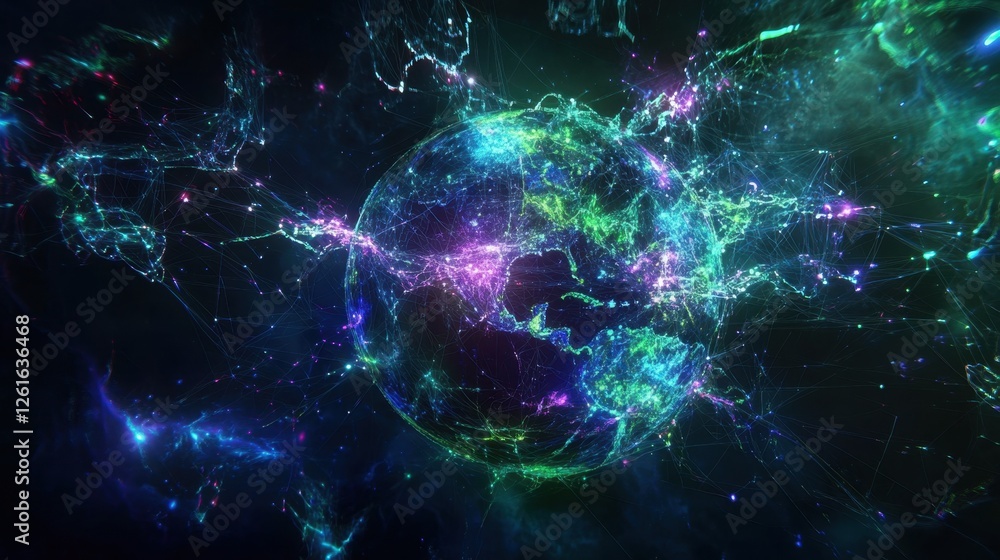 Poster neon-lit digital earth with interconnected nodes and web-like connections symbolizing global network