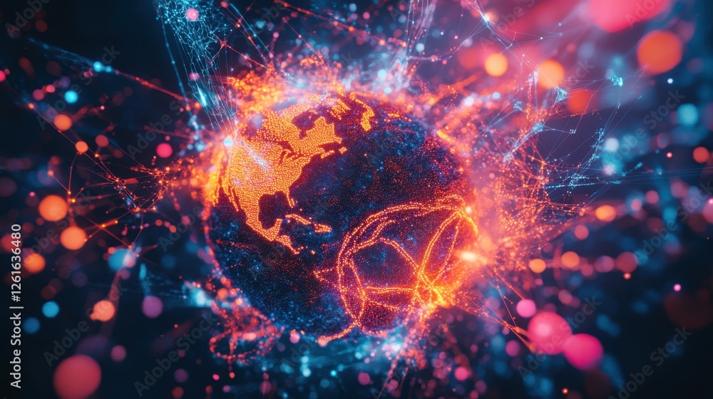 Poster neon-lit digital earth with interconnected nodes and web-like connections symbolizing global network