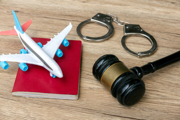 Travel Restrictions and Legal Consequences: Passport, Airplane, Handcuffs, and Gavel on Wooden Table