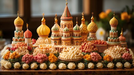 Obraz premium Elaborate confectionery castle creation with intricate icing and sugary detailing