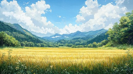 Lush golden rice field under a bright blue sky with fluffy clouds and distant mountains