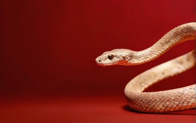 Naklejka premium Closeup of a coiled snake on red background with goldenbrown textured body and visible eyes.