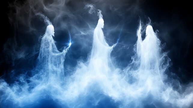 Ethereal Figures Enshrouded in Mystical Cloud Formations Radiating Celestial Light and Energy