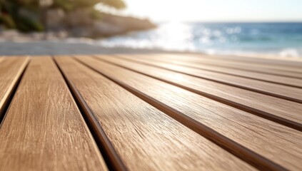 Beachfront wooden deck at sunrise