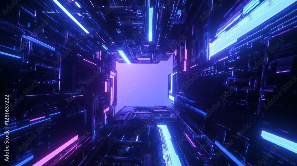 Poster futuristic neon grid tunnel abstract background with glowing rectangles