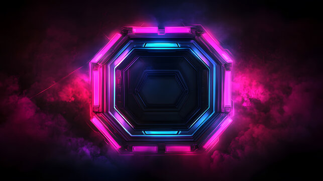 Neon Octagon Frame with Pink and Blue Glowing Lights and Smoke Effect