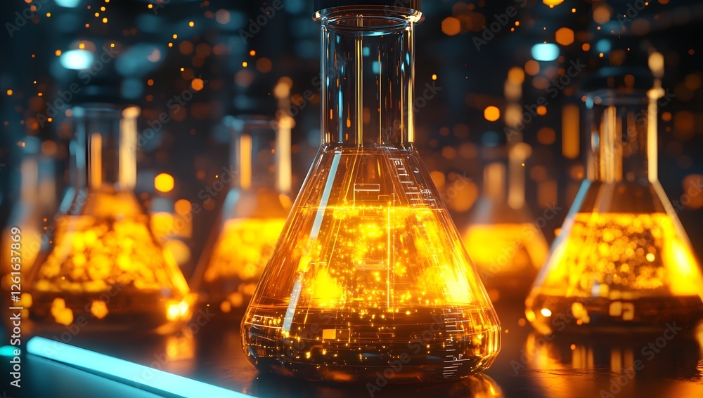Poster illuminated beakers in lab, glowing particles, futuristic background