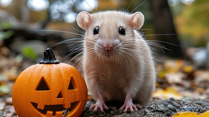 Albino Rat Posing Next to Halloween Pumpkin in Autumn Setting