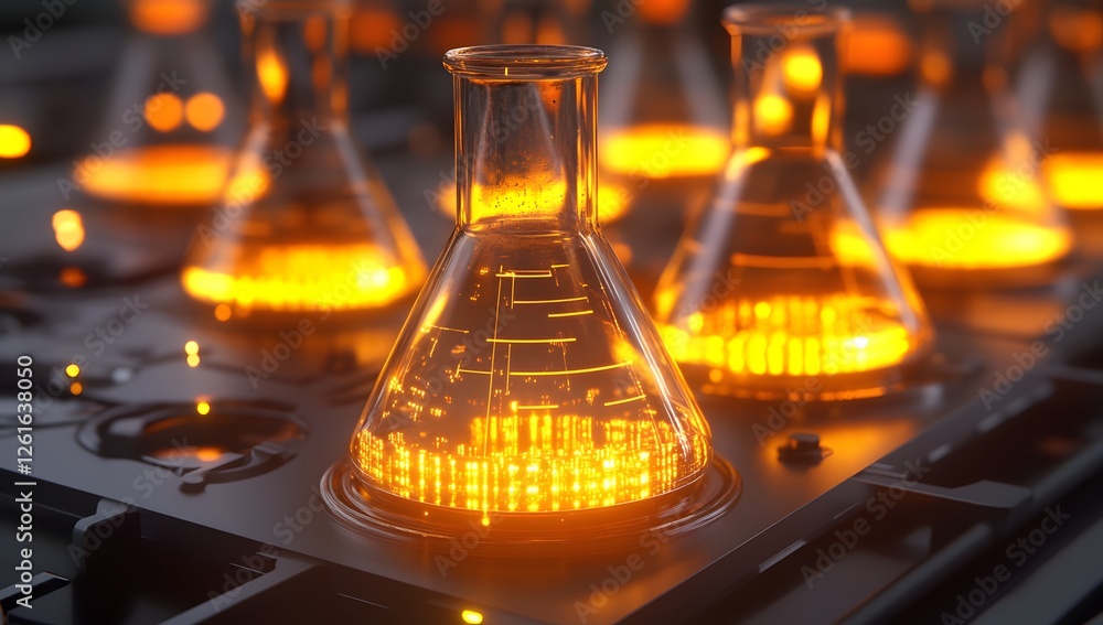 Poster illuminated flasks on futuristic lab station