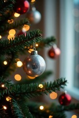A shimmering silver bauble hangs from a festively decorated evergreen tree branch, illuminated by warm, soft lights, creating a cozy and magical winter atmosphere.