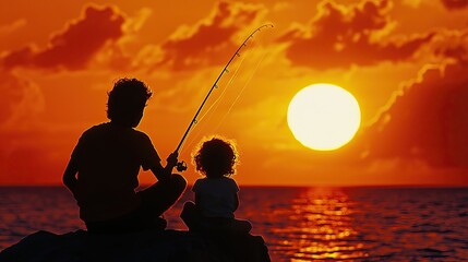 Silhouetted figures of a child and adult fishing at sunset by the ocean, with vibrant colors in the sky