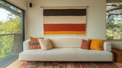 Cozy Modern Living Room with Colorful Wall Art and Plush Sofa