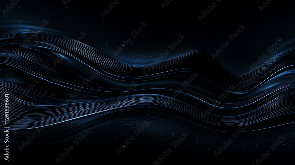 Poster ethereal wavy abstraction dark blue lines with a gentle flowing movement and shimmering lights