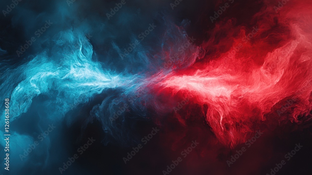 Poster red and blue lasers form intricate patterns through swirling stage fog, creating a high-energy conce