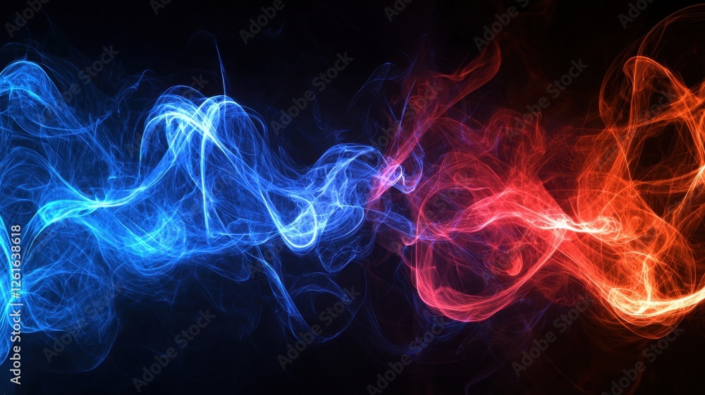 Poster red and blue lasers form intricate patterns through swirling stage fog, creating a high-energy conce