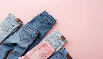 jeans folded and laid out on a bright pink background