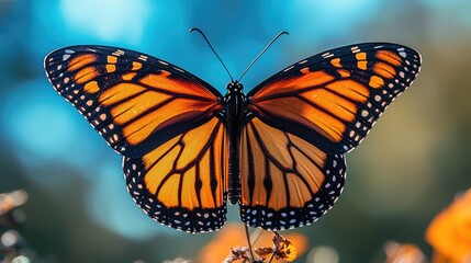 Obraz premium Vibrant Monarch Butterfly Perched on Flowers Against a Soft Blue Background in Nature