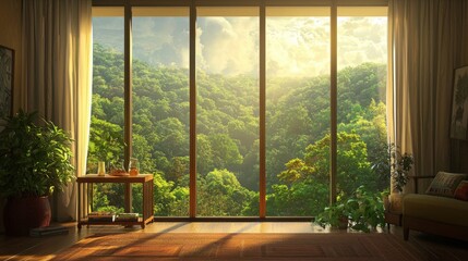 Sunlight streams through a large apartment window, revealing a peaceful forest stretching to the horizon. The open, uncluttered space is perfect for text overlays.