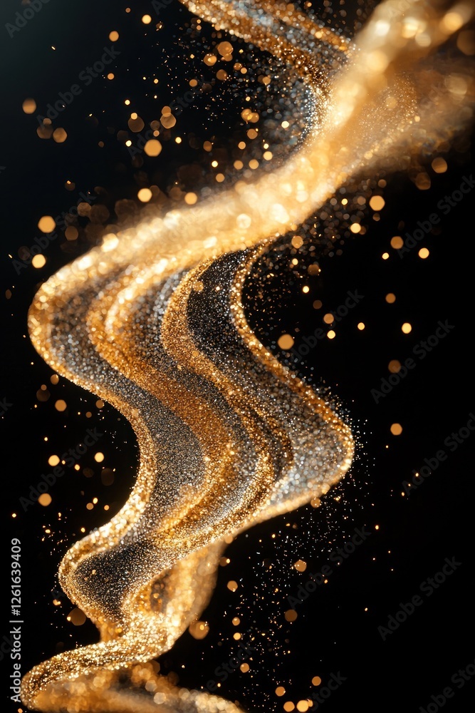 Canvas Prints whimsical stream of golden glitter blown by the wind on a black background, creating a playful and m