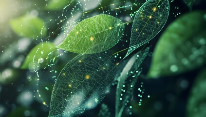 Digital leaves, forest background, glowing network, nature concept