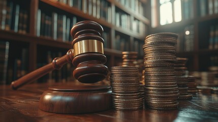 Hand holding a gavel above a stack of coins on a wooden table in a courtroom setting