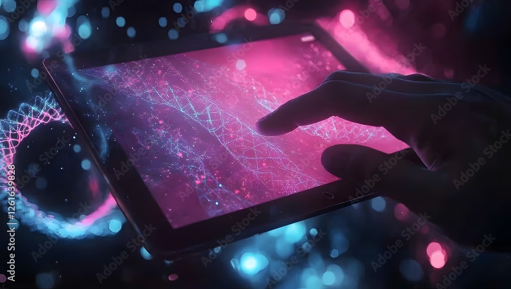 Aufkleber Hand interacting with futuristic tablet display; glowing circles in background
