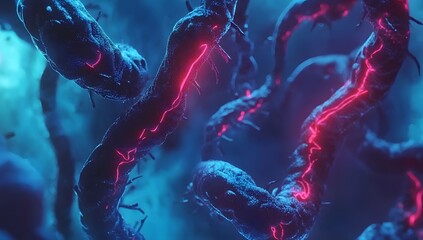 Microbial structures, glowing in cellular environment