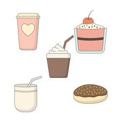 Food and Beverage Set of Cream Donut Doughnut Cake Sweet Dessert Drink