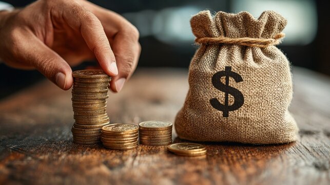 Person inserting coin into canvas bag during financial transaction or savings activity