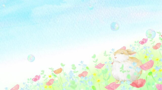 春の花畑でシャボン玉を眺める子ウサギのループアニメーション。水彩画を使用したカラフルで可愛い映像。