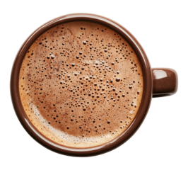 Brown cup with a coffee or cacao drink isolated on transparent background, top view